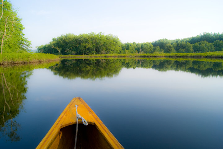 Looking over the bow of the Grand Lake Canoe